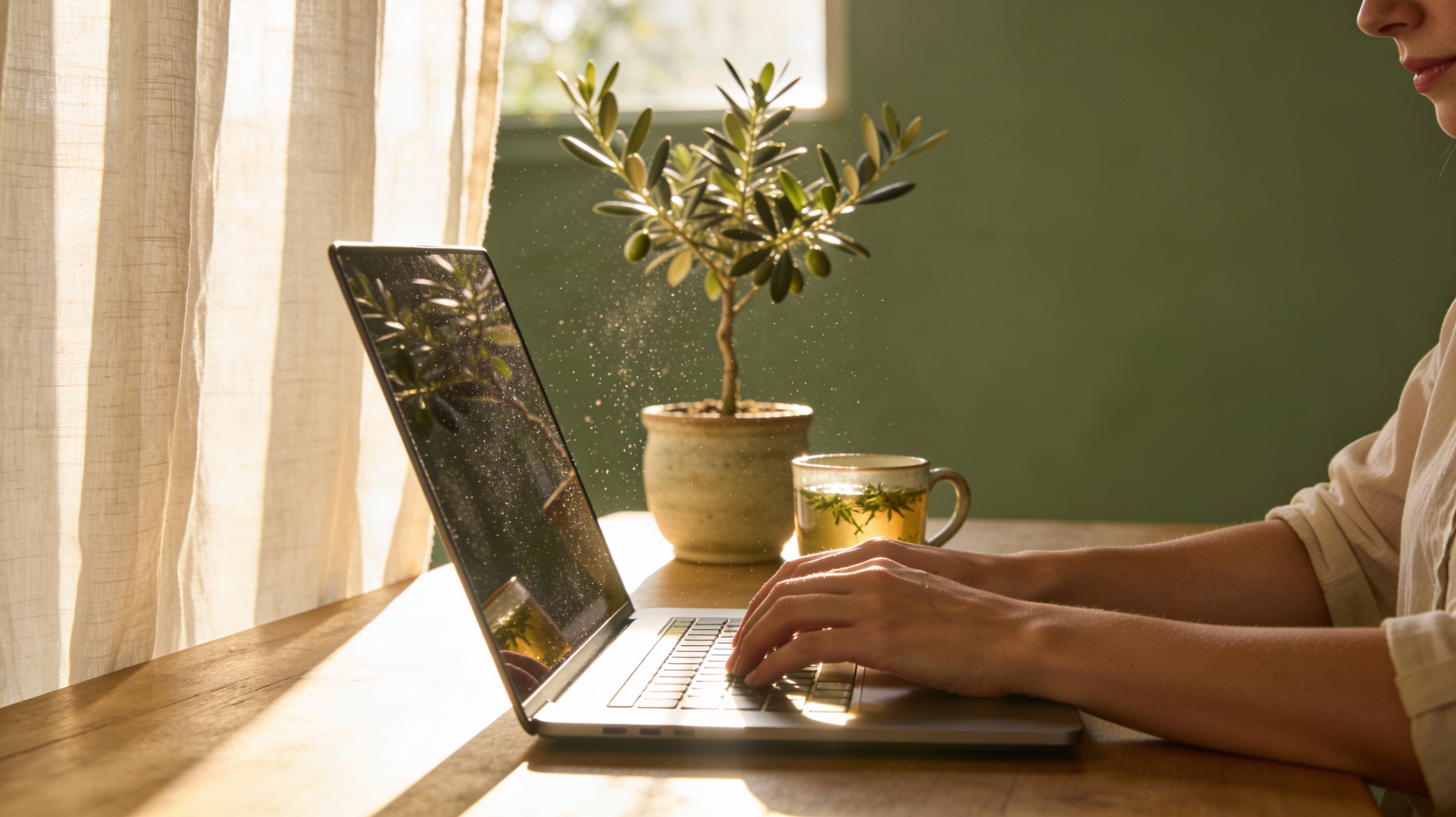 Terapeuta trabajando con portátil y planta al sol de la mañana